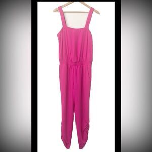 Amanda Uprichard Sateen Smocked Waist Square Neck Ruched Leg Jumpsuit Hot Pink M